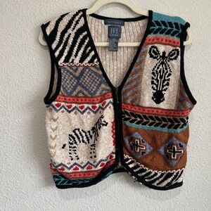 VTG Hand Embroidered Zebra Safari Print Zip Vest Sweater Y2K Gorpcore Knit